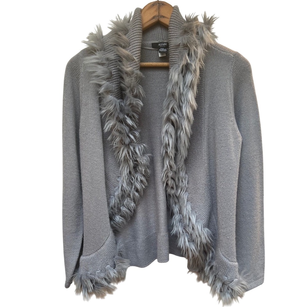 Alfani Petite Women Gray Faux Fur Trim Knit Cardigan Sweater‎ Size P S